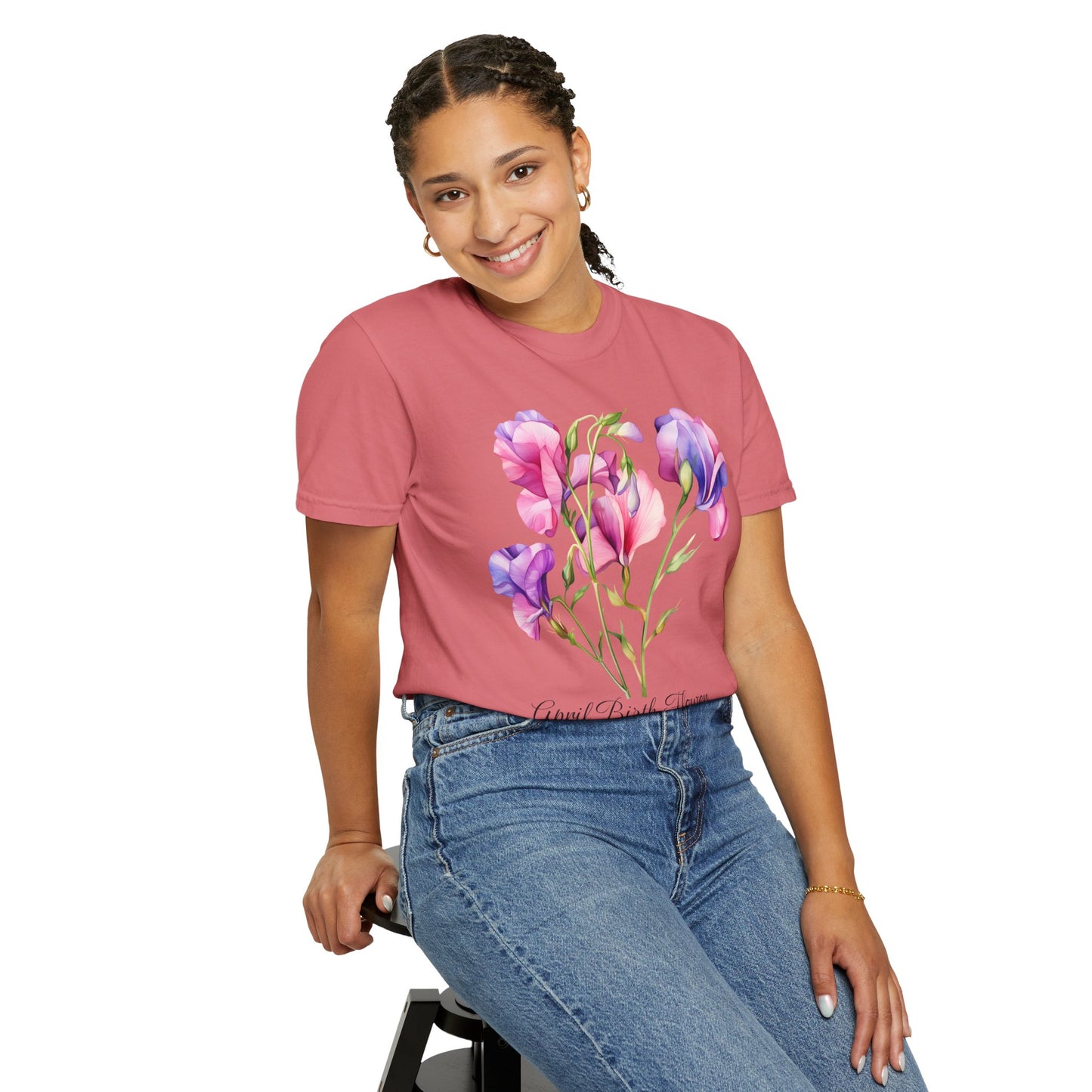 April Birth Flower "Sweet Pea" - Unisex Garment-Dyed T-shirt