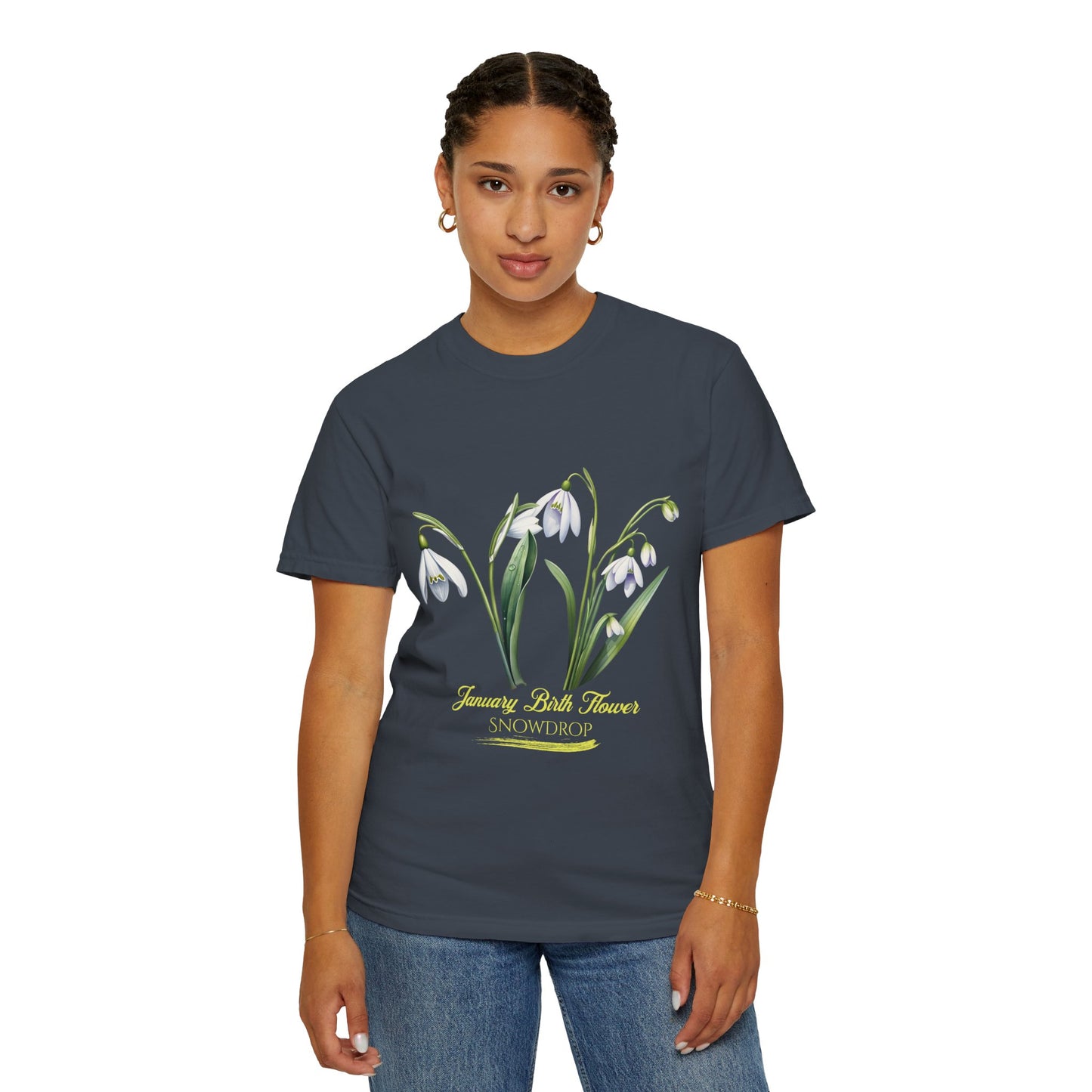 January Birth Flower "Snowdrop" - (For Print on Dark Fabric) - Unisex Garment-Dyed T-shirt