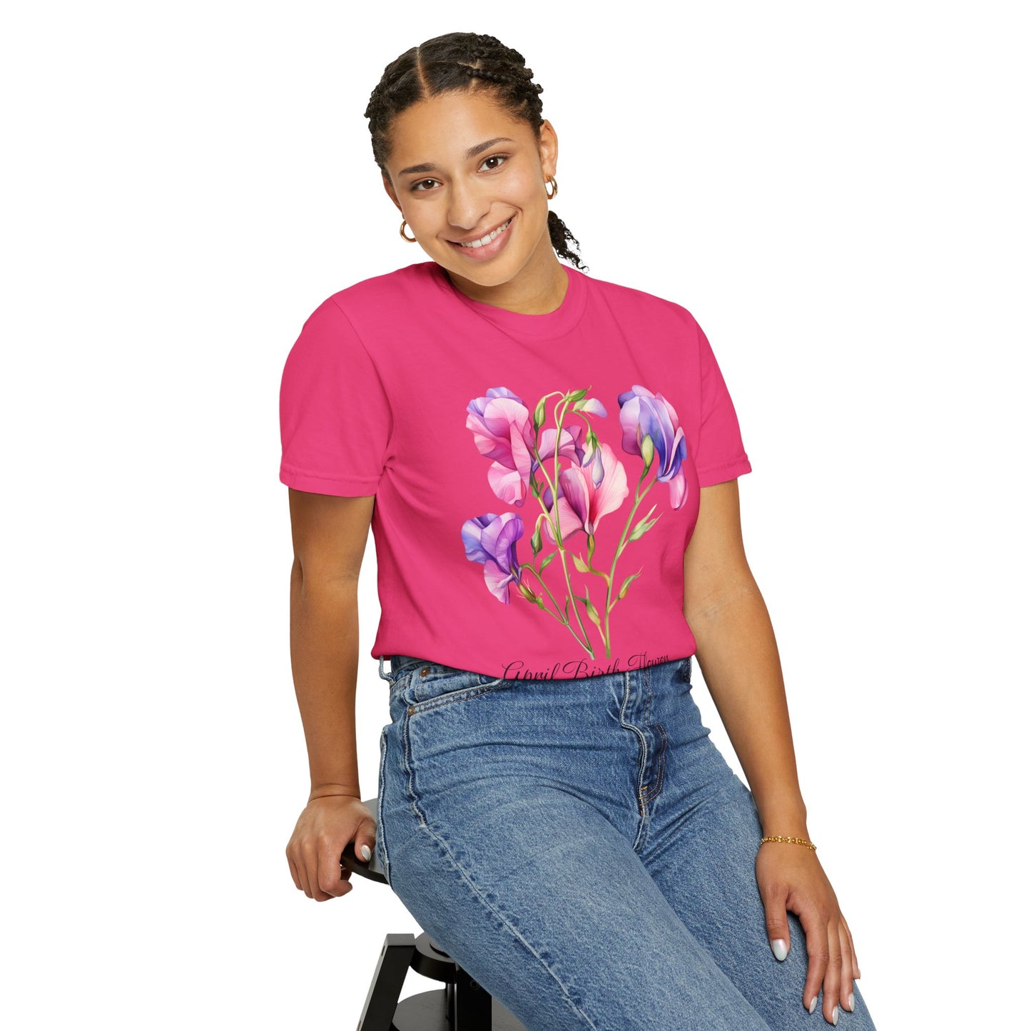April Birth Flower "Sweet Pea" - Unisex Garment-Dyed T-shirt