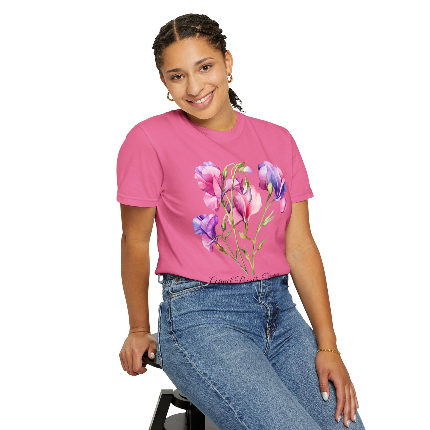 April Birth Flower "Sweet Pea" - Unisex Garment-Dyed T-shirt