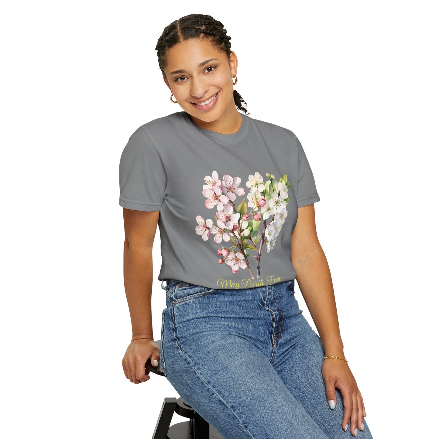 May Birth Flower "Hawthorn" (For Dark Fabric) - Unisex Garment-Dyed T-shirt