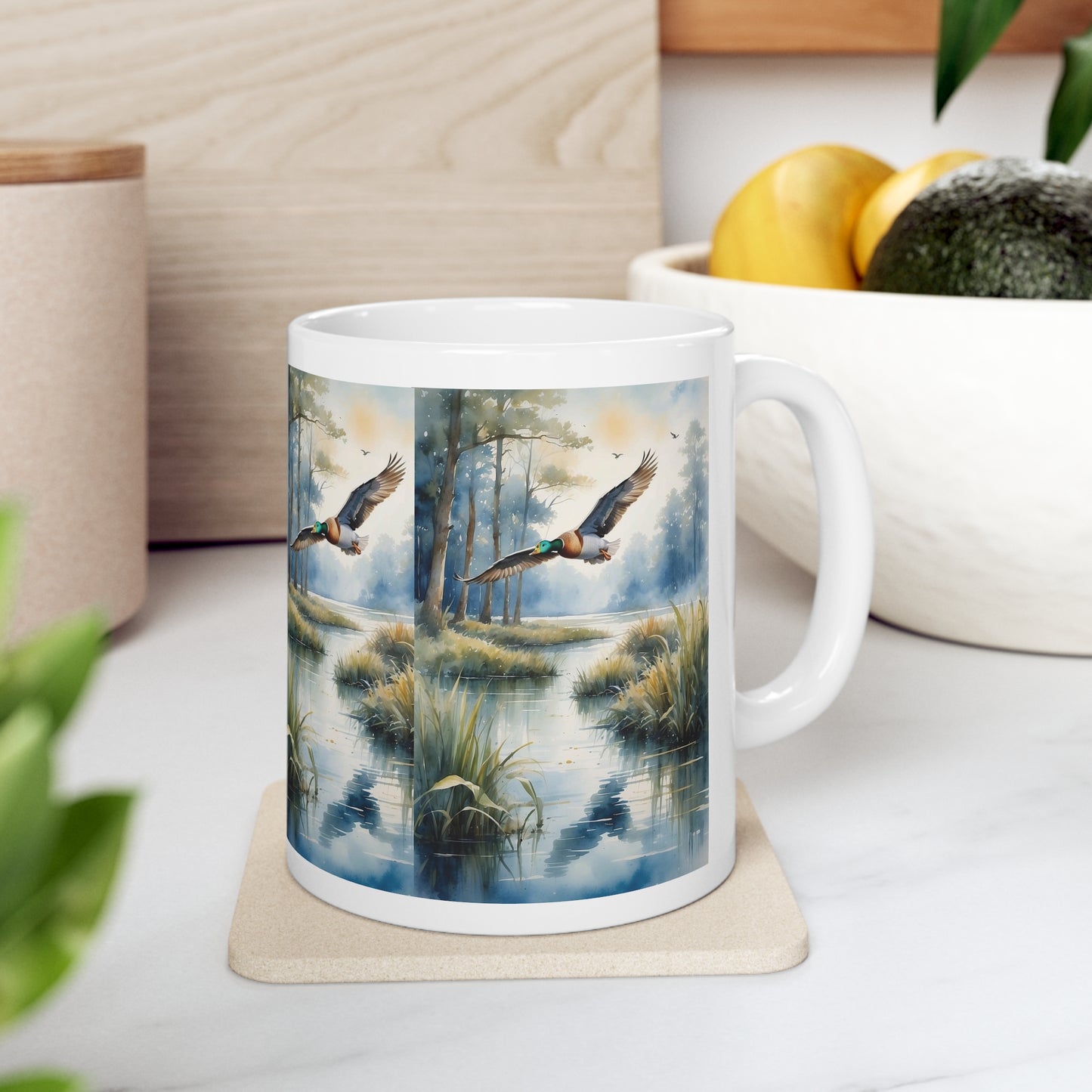 Duck flew over the riverbank: Ceramic Mug 11oz.