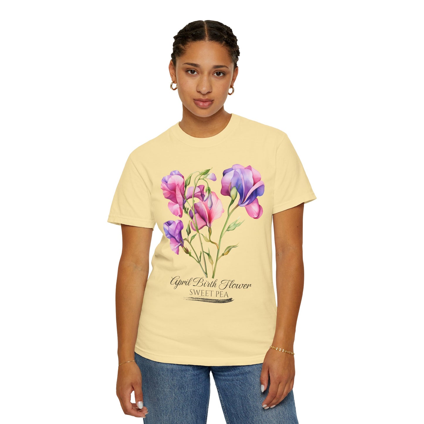 April Birth Flower "Sweet Pea" - Unisex Garment-Dyed T-shirt