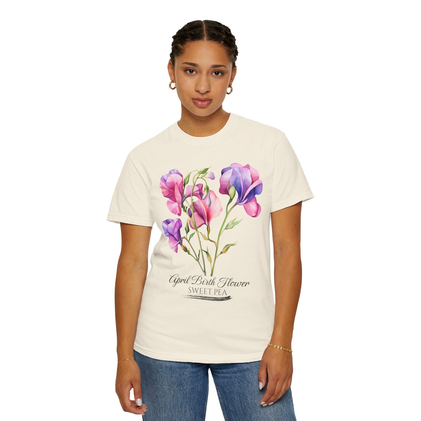 April Birth Flower "Sweet Pea" - Unisex Garment-Dyed T-shirt
