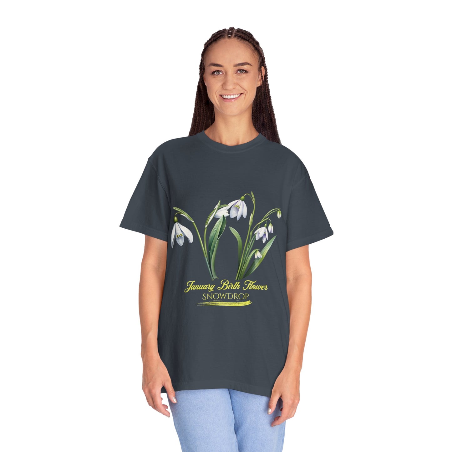 January Birth Flower "Snowdrop" - (For Print on Dark Fabric) - Unisex Garment-Dyed T-shirt