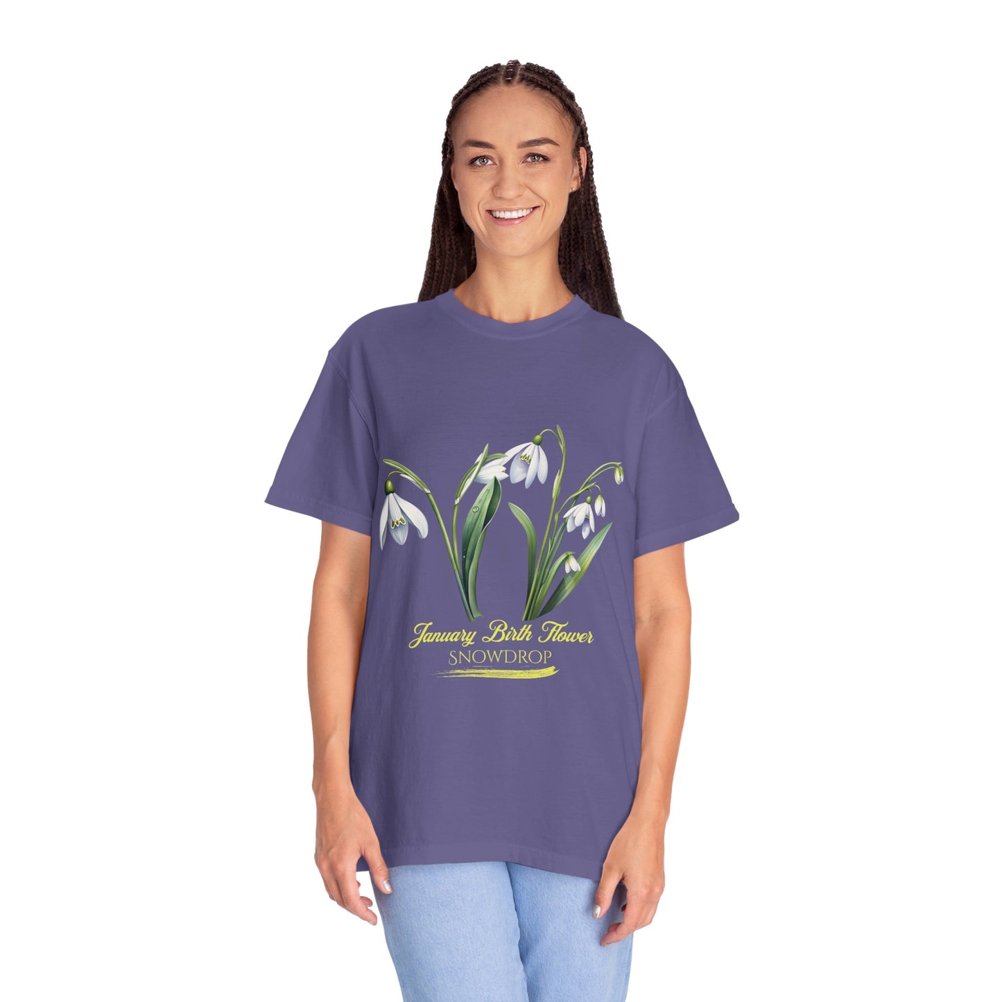 January Birth Flower "Snowdrop" - (For Print on Dark Fabric) - Unisex Garment-Dyed T-shirt