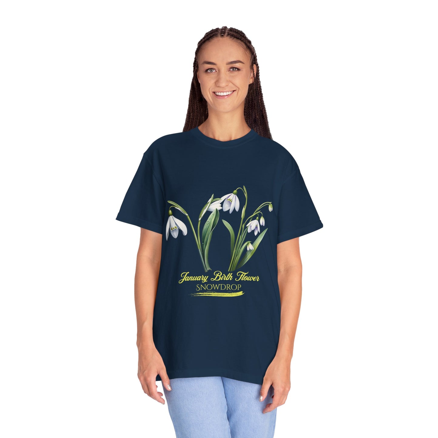 January Birth Flower "Snowdrop" - (For Print on Dark Fabric) - Unisex Garment-Dyed T-shirt