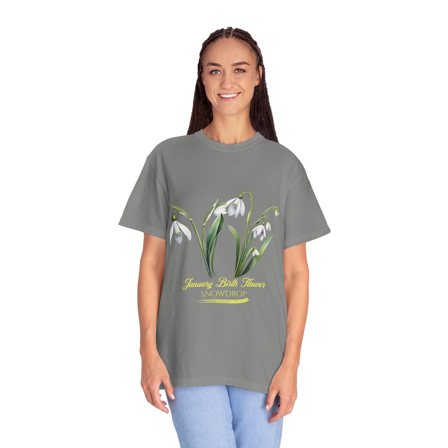 January Birth Flower "Snowdrop" - (For Print on Dark Fabric) - Unisex Garment-Dyed T-shirt