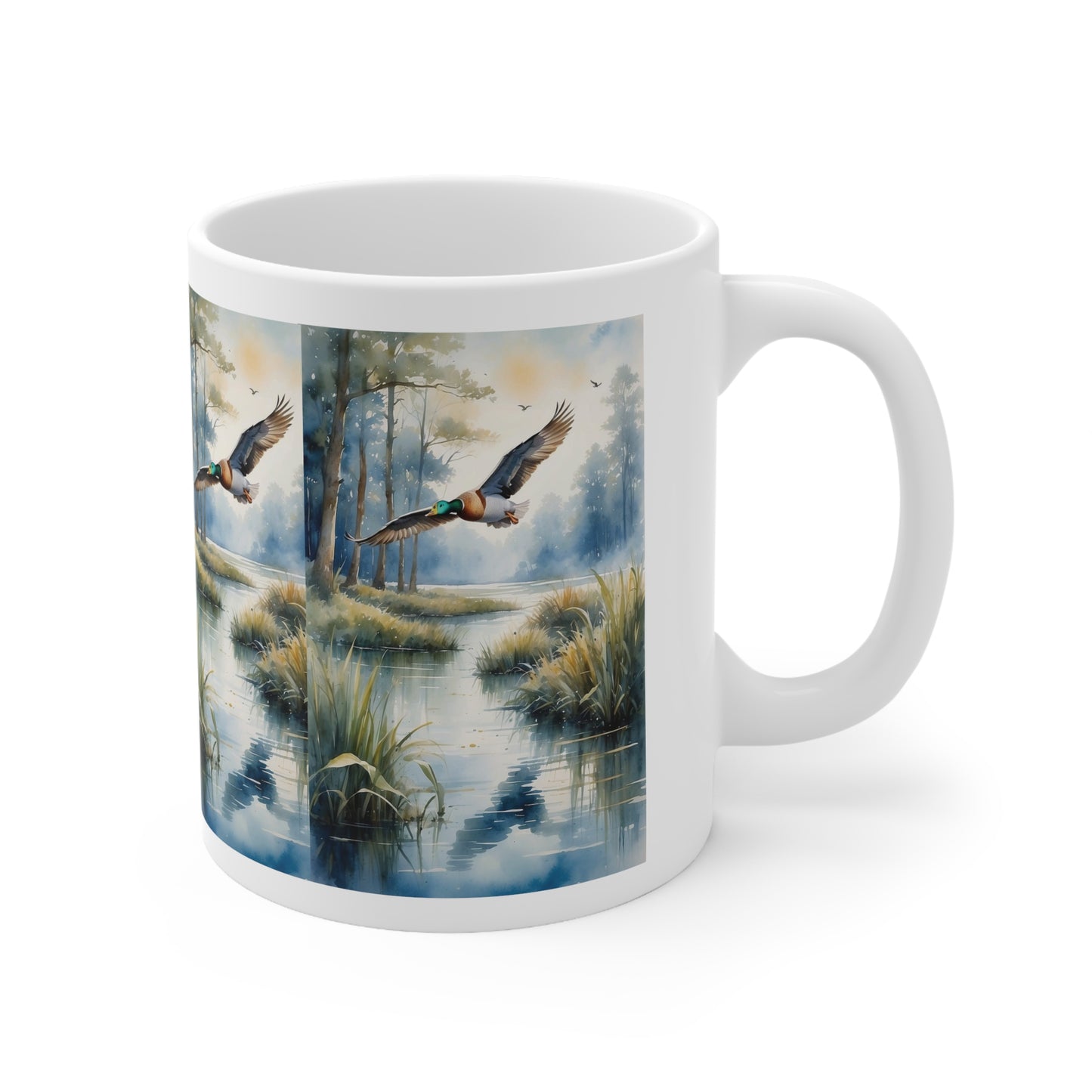 Duck flew over the riverbank: Ceramic Mug 11oz.