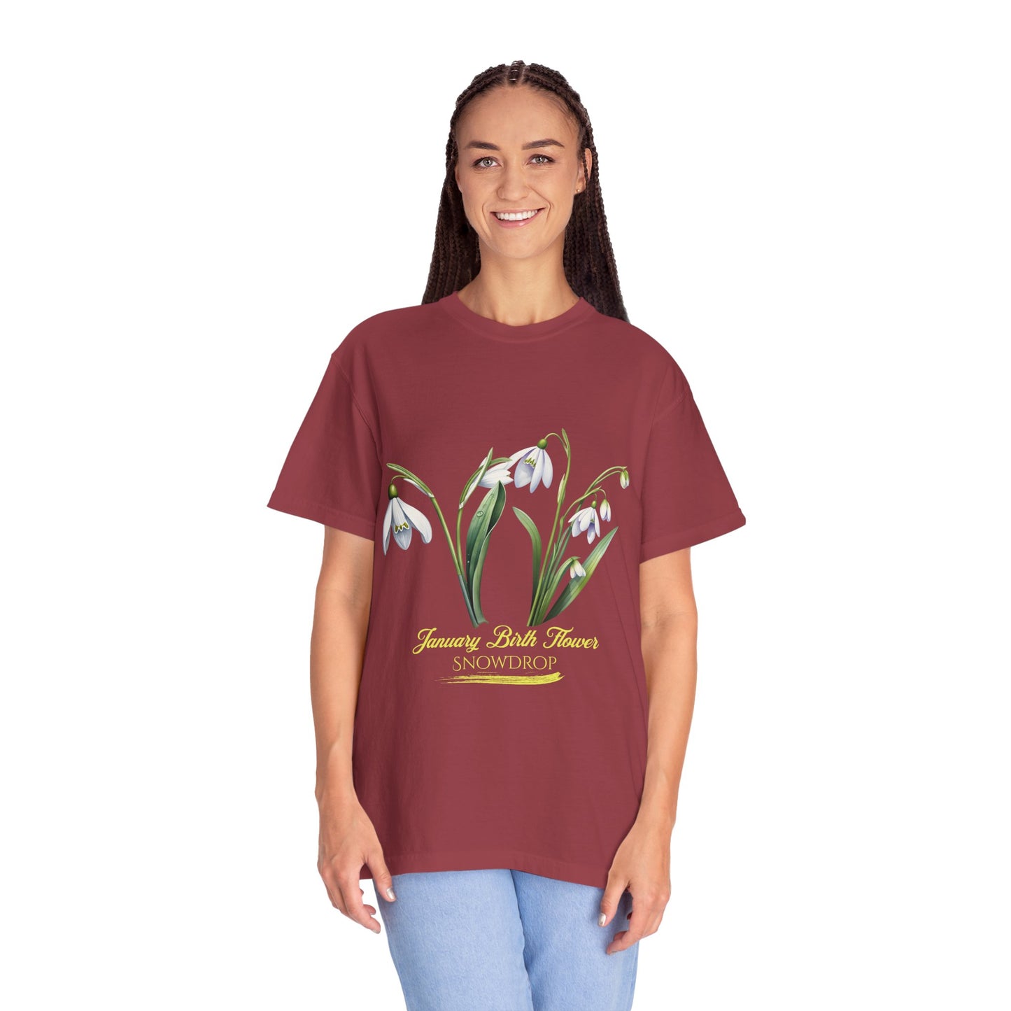 January Birth Flower "Snowdrop" - (For Print on Dark Fabric) - Unisex Garment-Dyed T-shirt