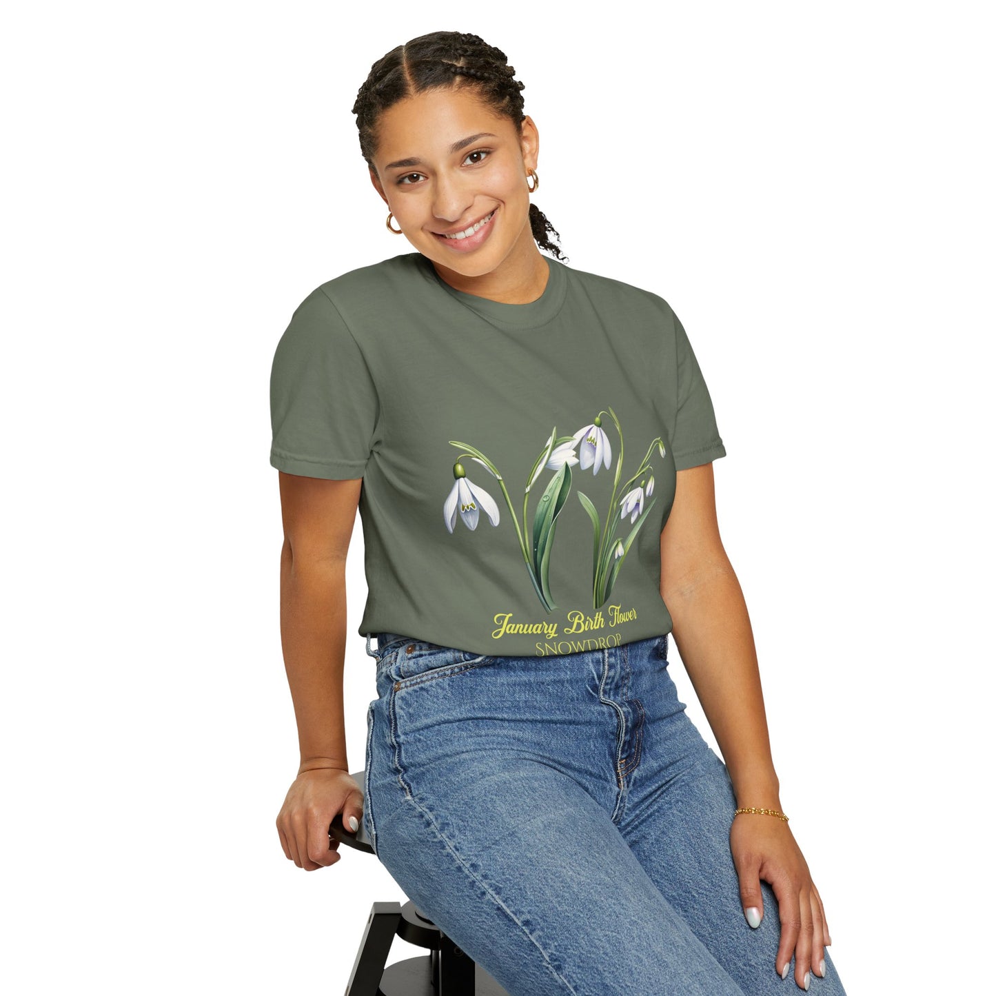 January Birth Flower "Snowdrop" - (For Print on Dark Fabric) - Unisex Garment-Dyed T-shirt