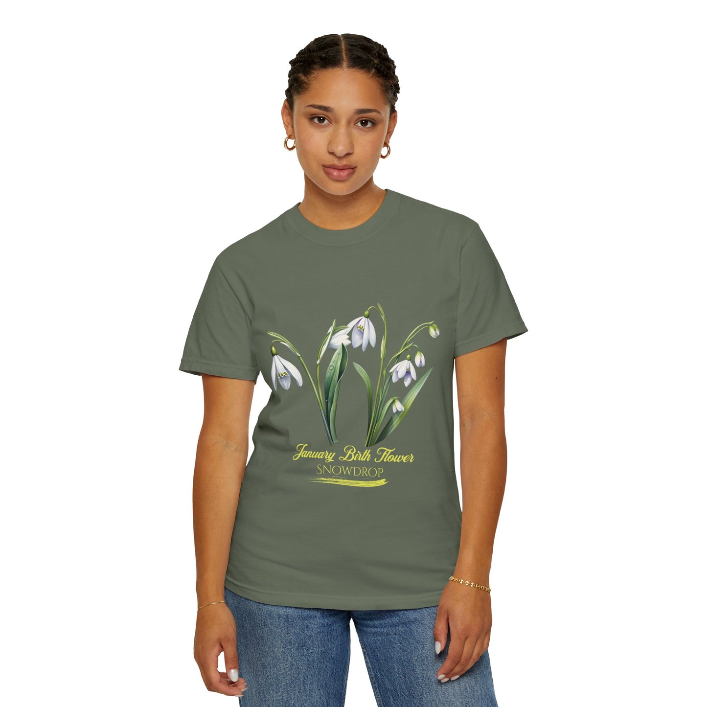 January Birth Flower "Snowdrop" - (For Print on Dark Fabric) - Unisex Garment-Dyed T-shirt