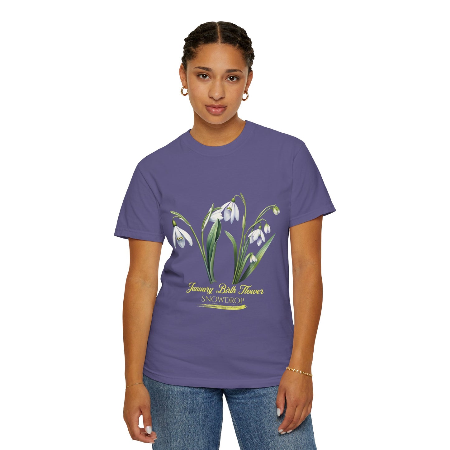 January Birth Flower "Snowdrop" - (For Print on Dark Fabric) - Unisex Garment-Dyed T-shirt