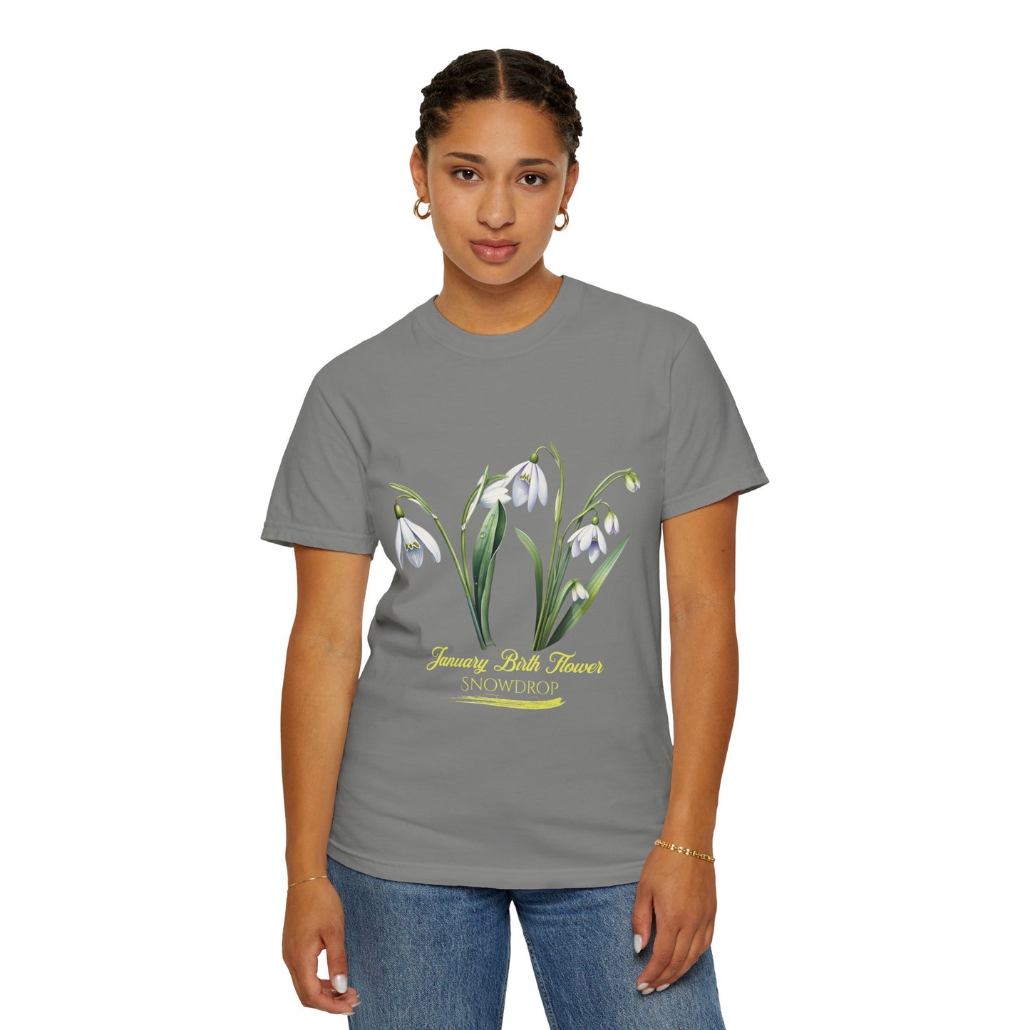 January Birth Flower "Snowdrop" - (For Print on Dark Fabric) - Unisex Garment-Dyed T-shirt