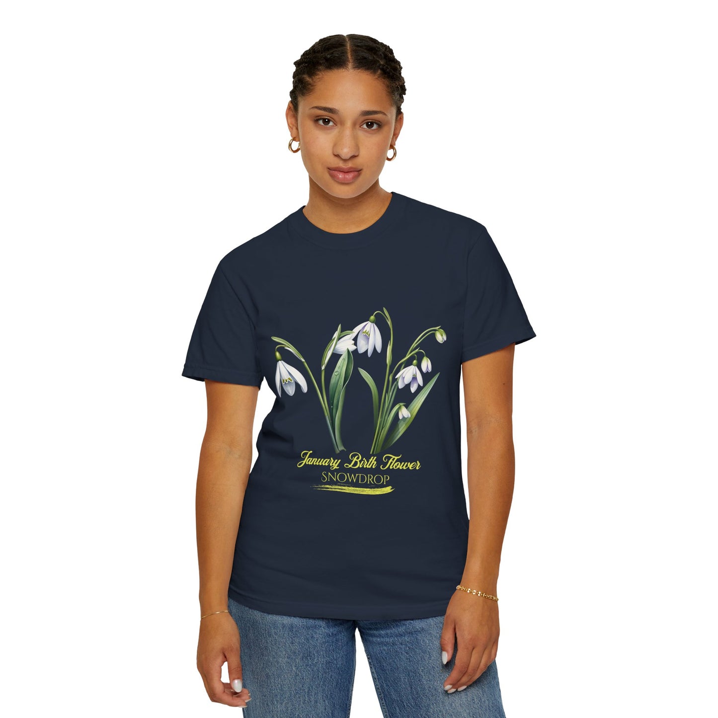 January Birth Flower "Snowdrop" - (For Print on Dark Fabric) - Unisex Garment-Dyed T-shirt