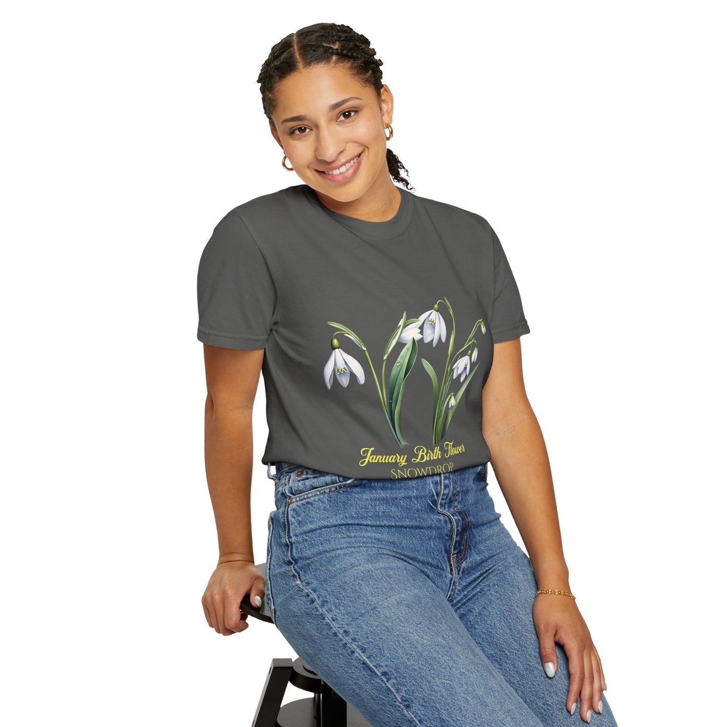 January Birth Flower "Snowdrop" - (For Print on Dark Fabric) - Unisex Garment-Dyed T-shirt