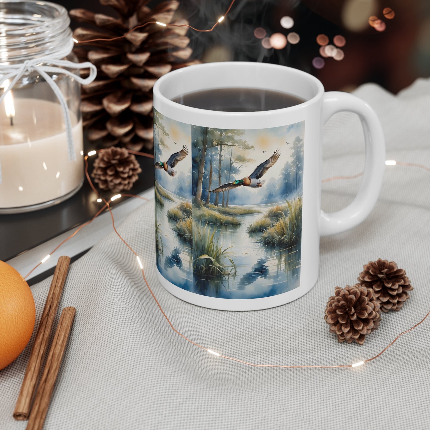 Duck flew over the riverbank: Ceramic Mug 11oz.