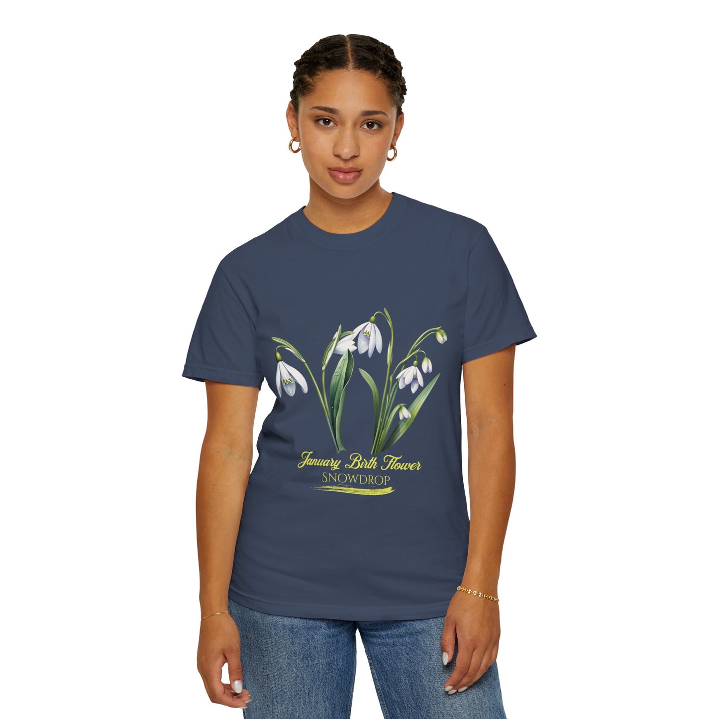 January Birth Flower "Snowdrop" - (For Print on Dark Fabric) - Unisex Garment-Dyed T-shirt