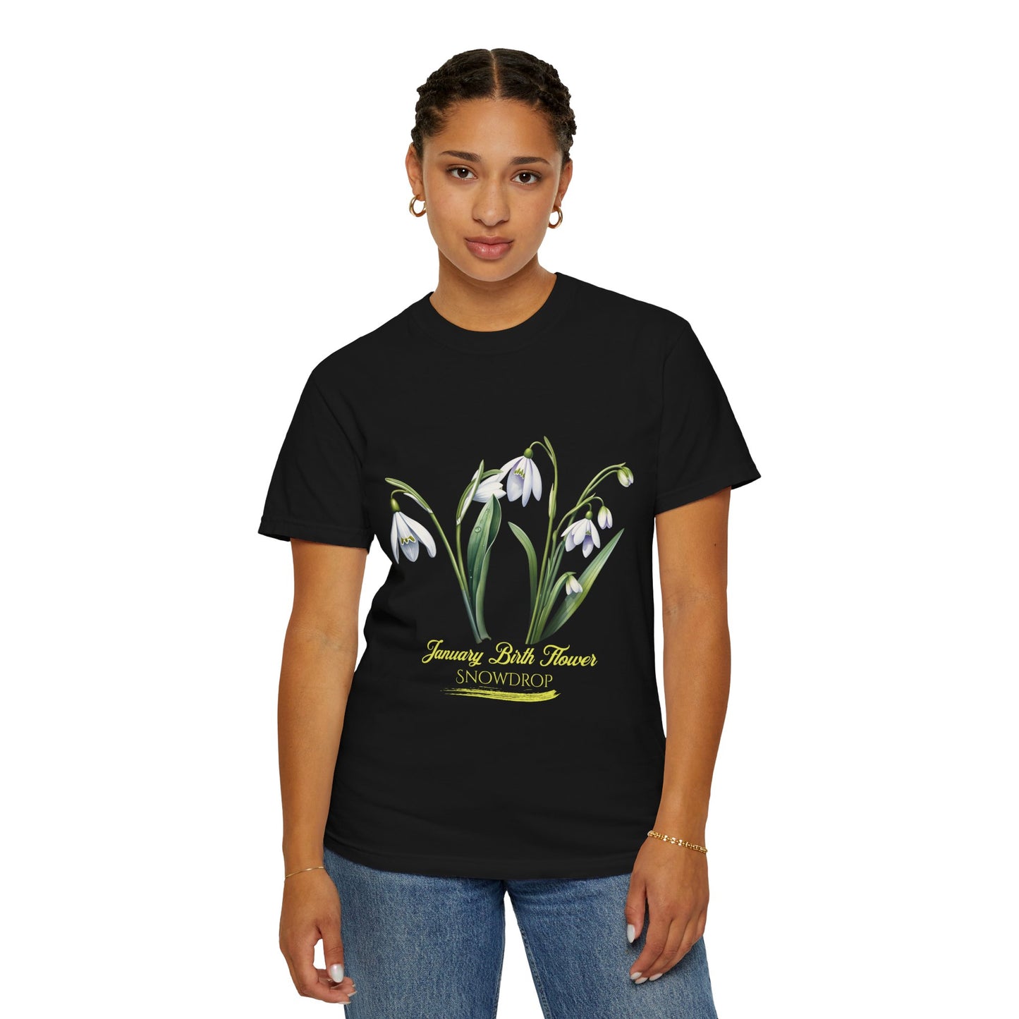 January Birth Flower "Snowdrop" - (For Print on Dark Fabric) - Unisex Garment-Dyed T-shirt