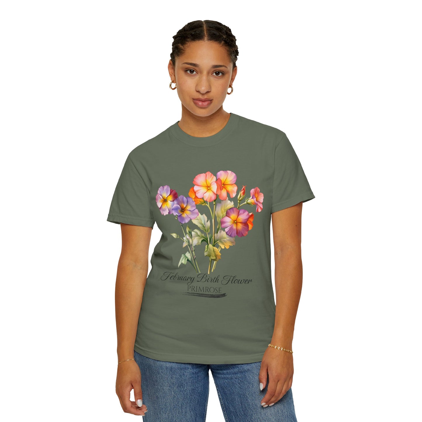 February Birth Flower "Primrose" - Unisex Garment-Dyed T-shirt