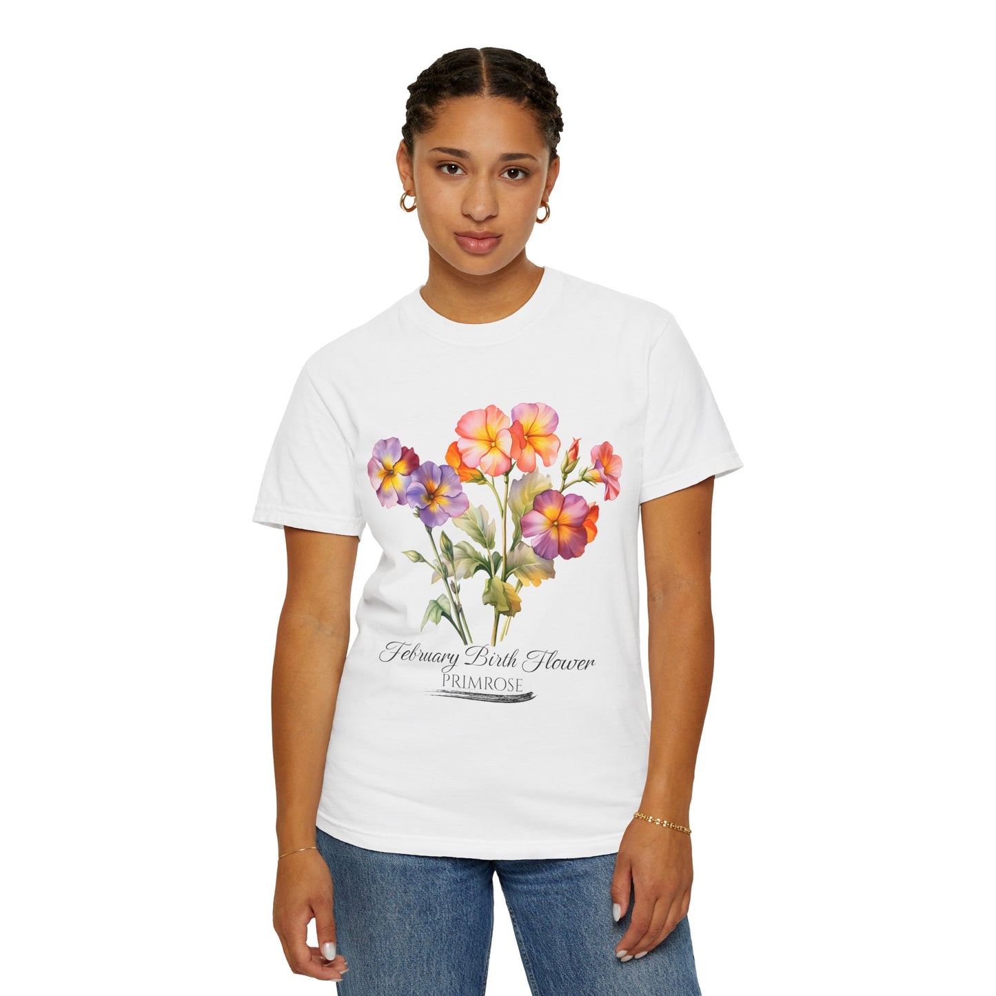 February Birth Flower "Primrose" - Unisex Garment-Dyed T-shirt