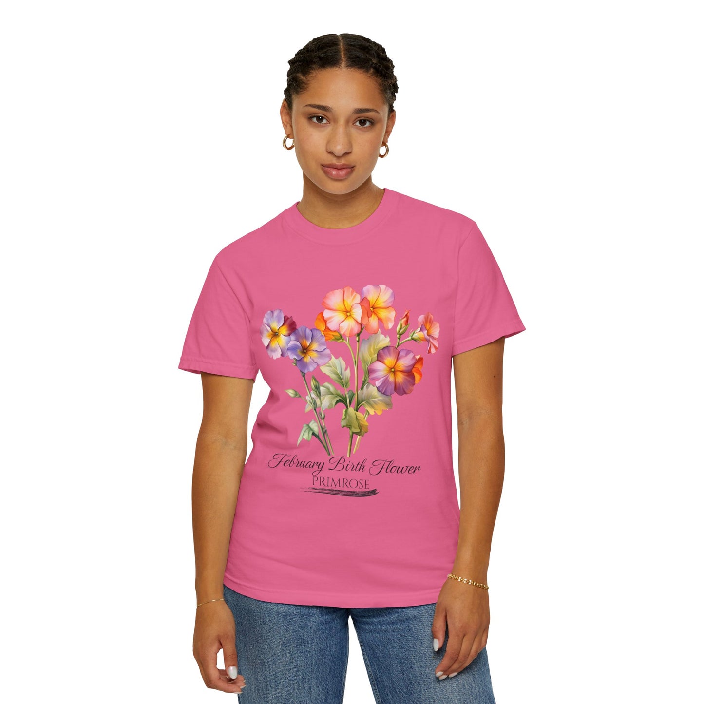 February Birth Flower "Primrose" - Unisex Garment-Dyed T-shirt