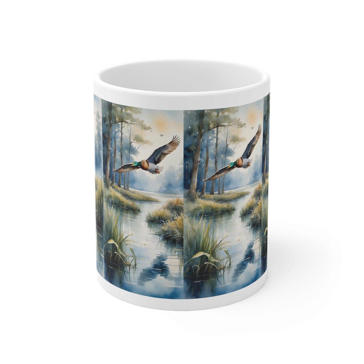 Duck flew over the riverbank: Ceramic Mug 11oz.