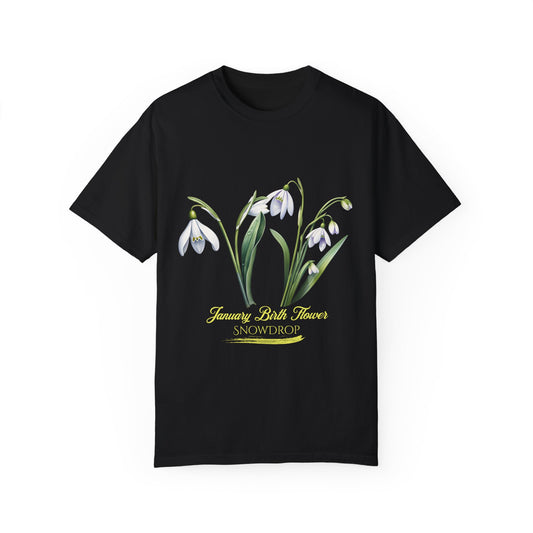January Birth Flower "Snowdrop" - (For Print on Dark Fabric) - Unisex Garment-Dyed T-shirt