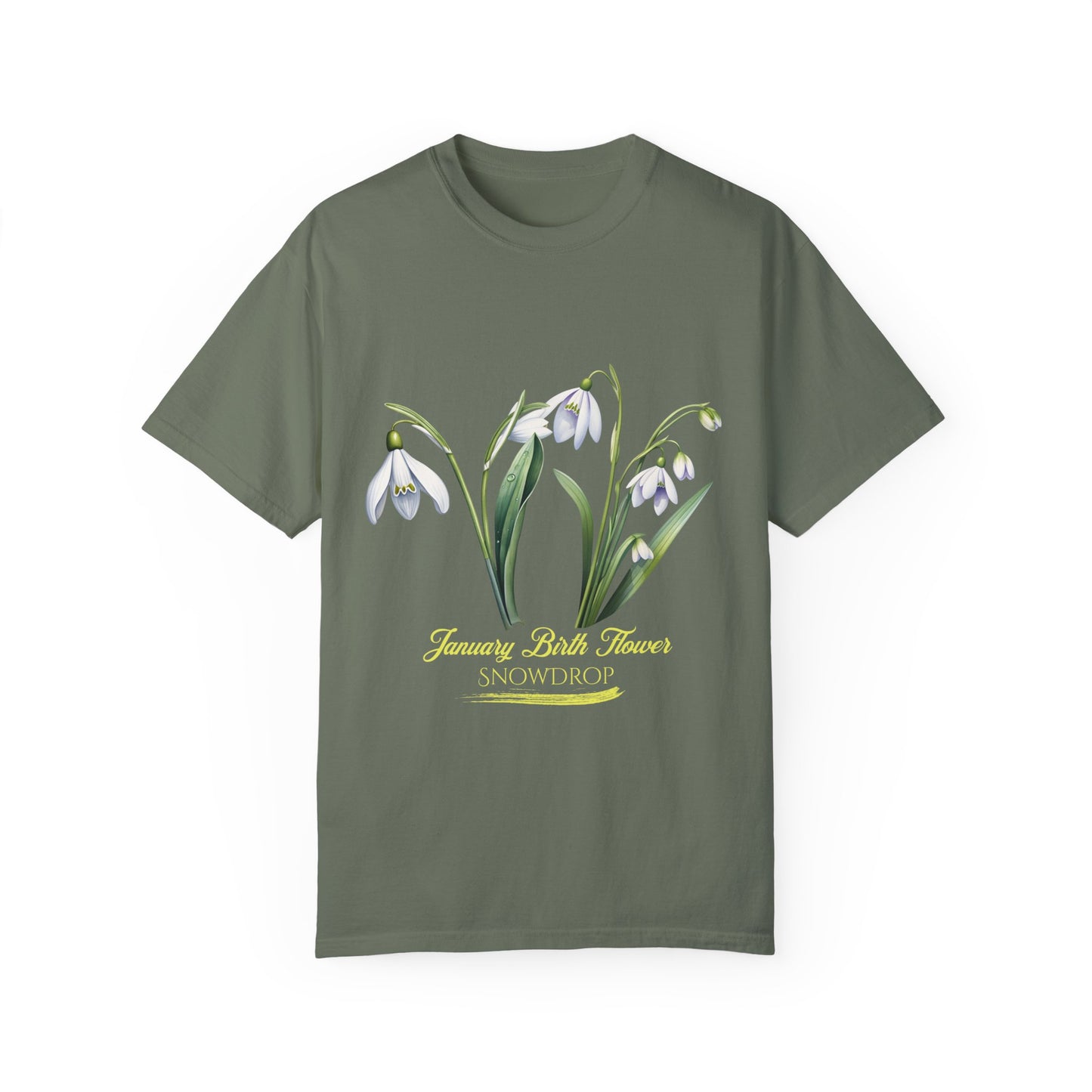 January Birth Flower "Snowdrop" - (For Print on Dark Fabric) - Unisex Garment-Dyed T-shirt