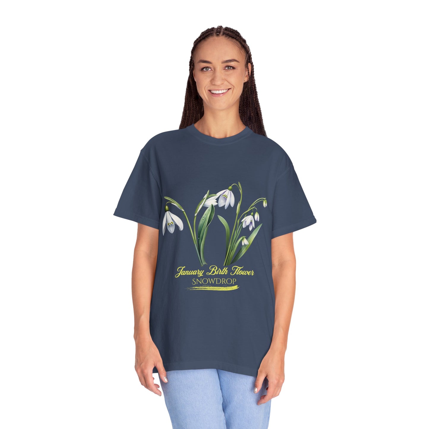 January Birth Flower "Snowdrop" - (For Print on Dark Fabric) - Unisex Garment-Dyed T-shirt